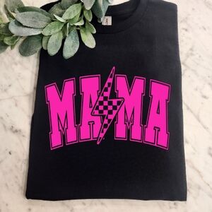 Mama shirt checkered lightening bolt cute popular mom retro style black and pink